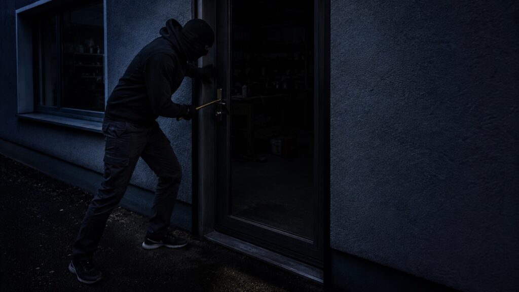 Einbrecher bei Nacht vor Tür