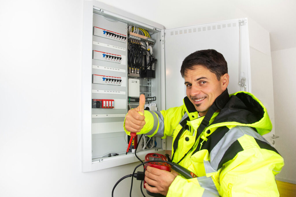 Elektriker, der Daumen hoch zeigt